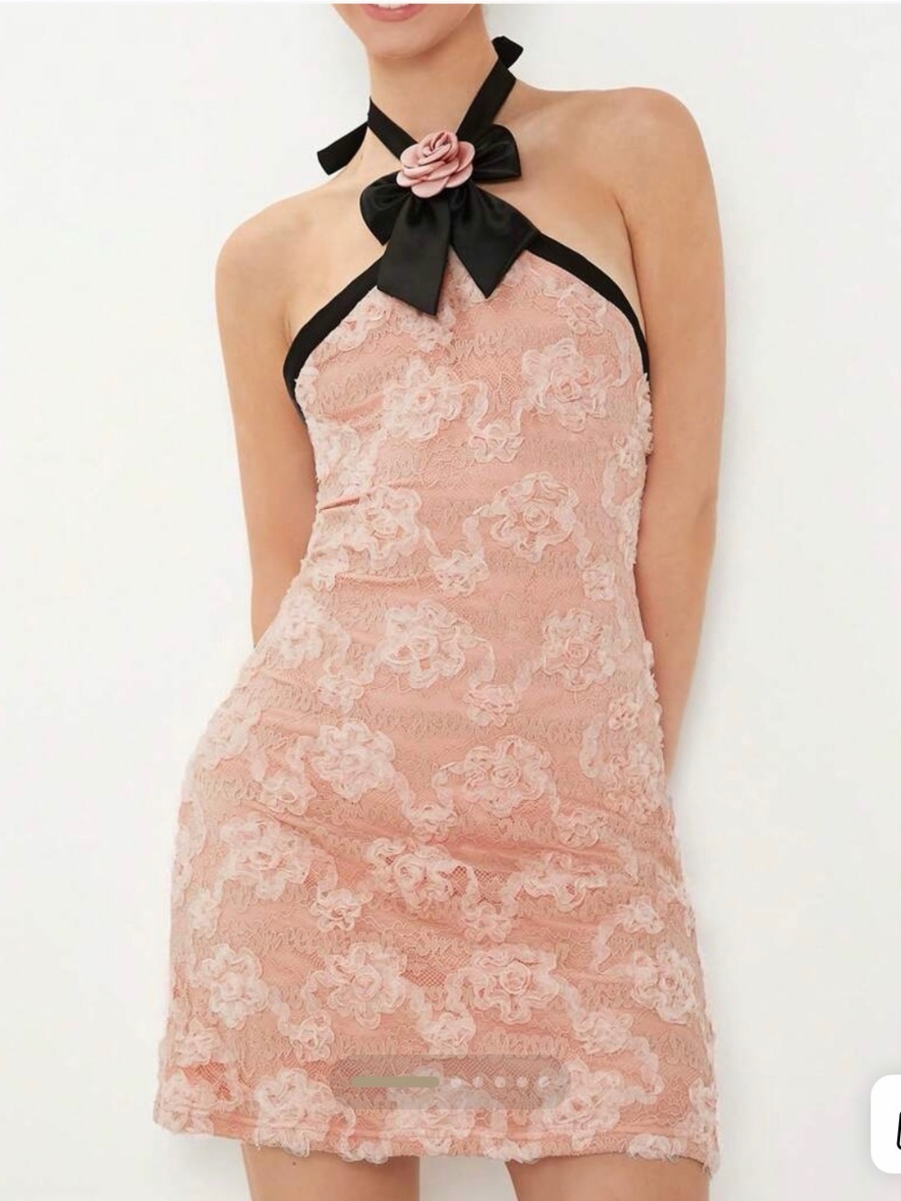 SHEIN Pink Floral Lace Halter Mini Dress with Black Bow